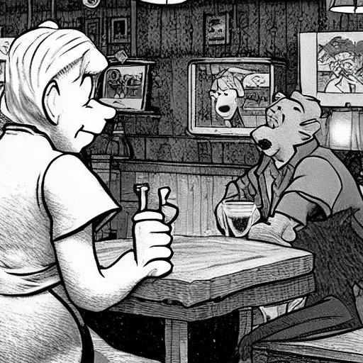 Prompt: winnie the pooh and a blonde woman enjoying a pint in a rural pub. gordon freeman is in the background looking disappointed.