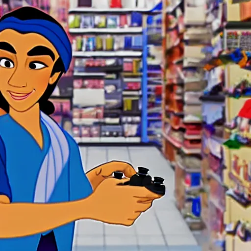 Image similar to aladdin and jasmine in electronics store picking up a flying drone, old 2 d disney artstyle