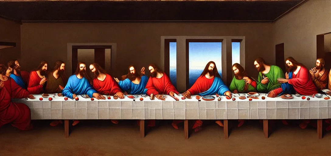 Prompt: a surreal painting of the last supper on the surface of mars