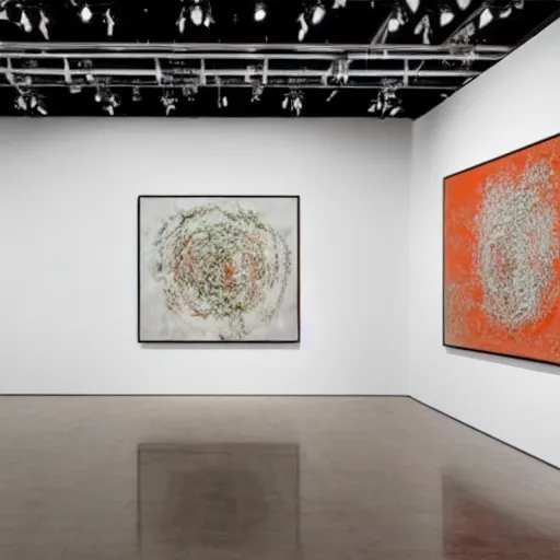 Prompt: a cy Twombly solo show inside of a big white art gallery