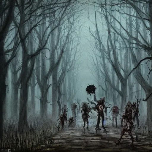 Prompt: really cute zombie with anime eyes walking in a massive walker horde from the walking dead, massive scale zombie horde walking in a medieval forest, dark and moody, high detailed trees, renaissance forest, Impressionism oil painting, with high quality film grain, raining cinematic style, film grain + dust and scratches