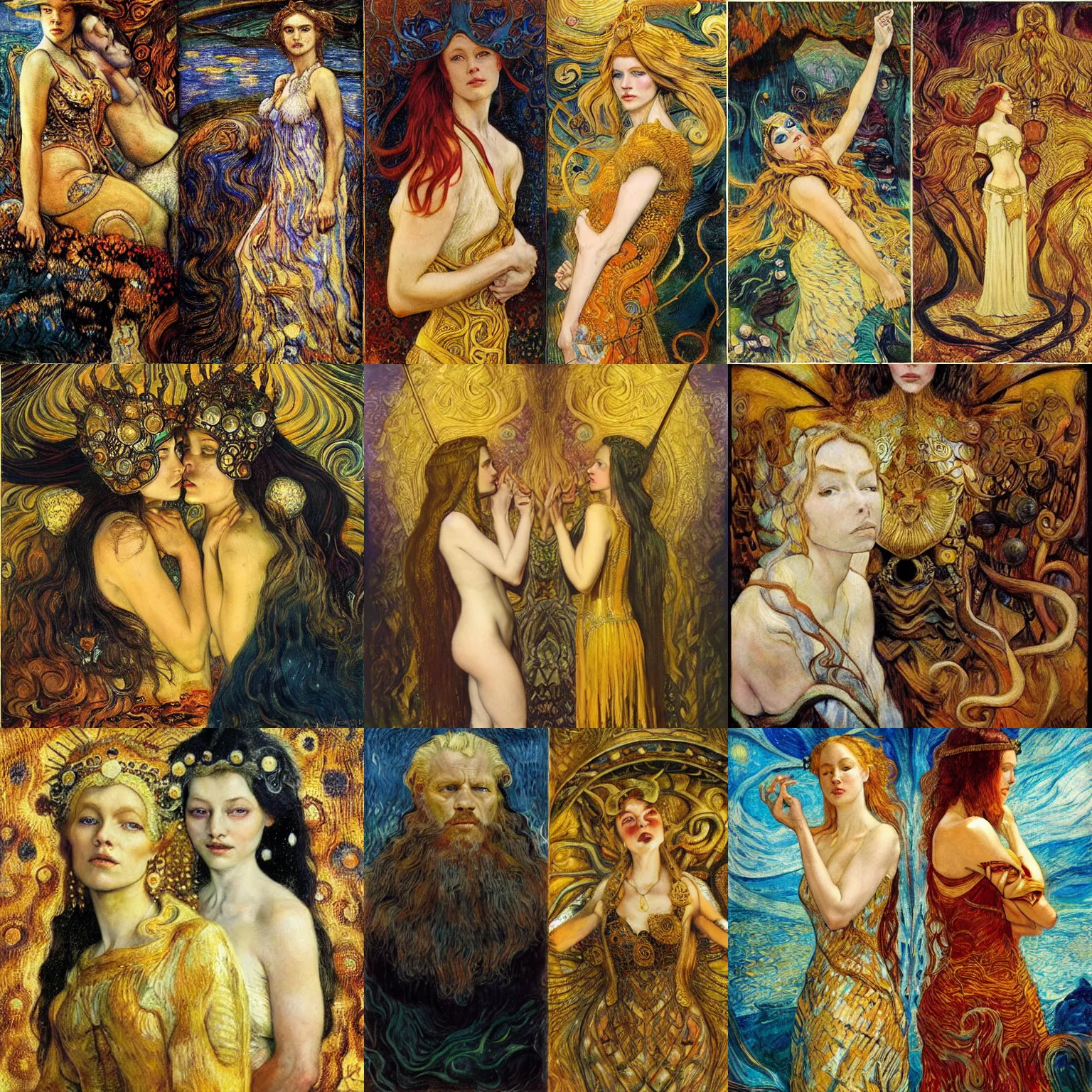 Prompt: two viking princesses by Karol Bak, Jean Delville, William Blake, Gustav Klimt, and Vincent Van Gogh, symbolist, visionary
