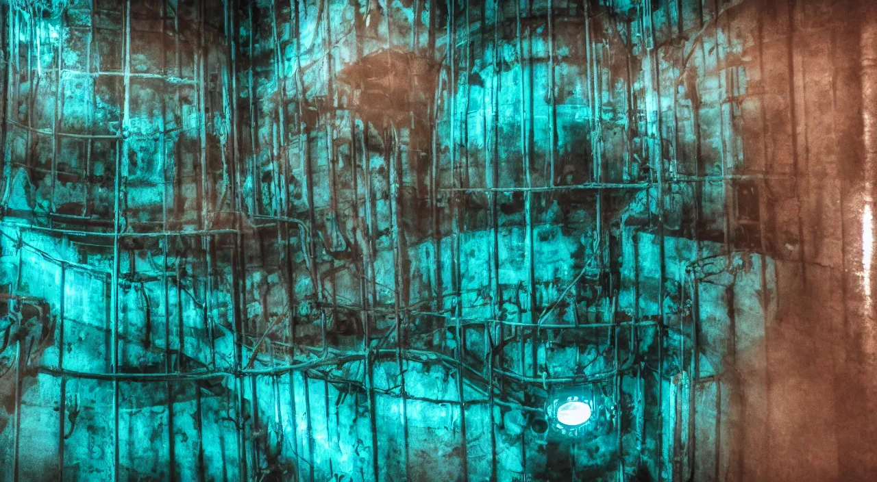 Image similar to deep dark underwater interior inside a water tank water tower claustrophobic confined space teal metal volumetric lighting photography footage