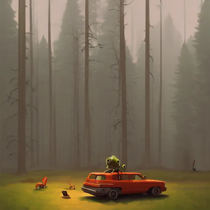 Image similar to fat alien on wheels rolling through the forest, highly detailed, Edward Hopper and James Gilleard, Simon Stalenhag