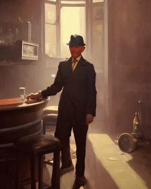 Prompt: young frank sinatra as a poor dystopian dieselpunk soviet bartender serving a client. art by greg rutkowski, gustave courbet, rosa bonheur, edward hopper. faithfully depicted facial expression, perfect anatomy, sharp focus, global illumination, radiant light, detailed and intricate environment, trending on artstation