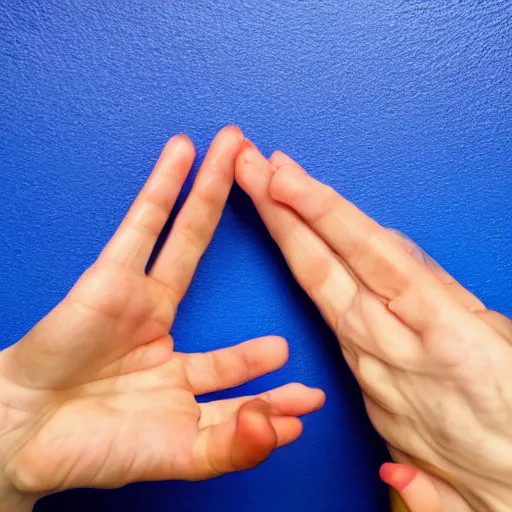 Prompt: one normal human hand, aesthetic pink and blue background
