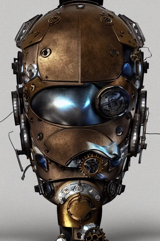 Image similar to steampunk mask minimalist fantasy art robot ninja helmet, global illumination ray tracing hdr fanart arstation by sung choi and eric pfeiffer and gabriel garza and casper konefal chaykin howard and campionpascale and cooke darwyn and davis jack