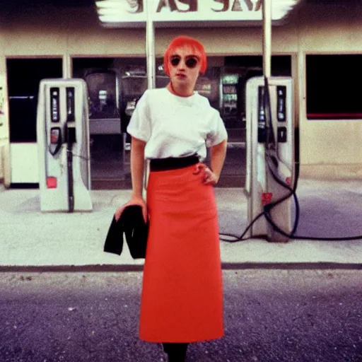 Image similar to polish woman with short hair wearing an issey miyake shirt and skirt at a gas station, polaroid, by nan goldin, jamel shabbaz, gregg araki