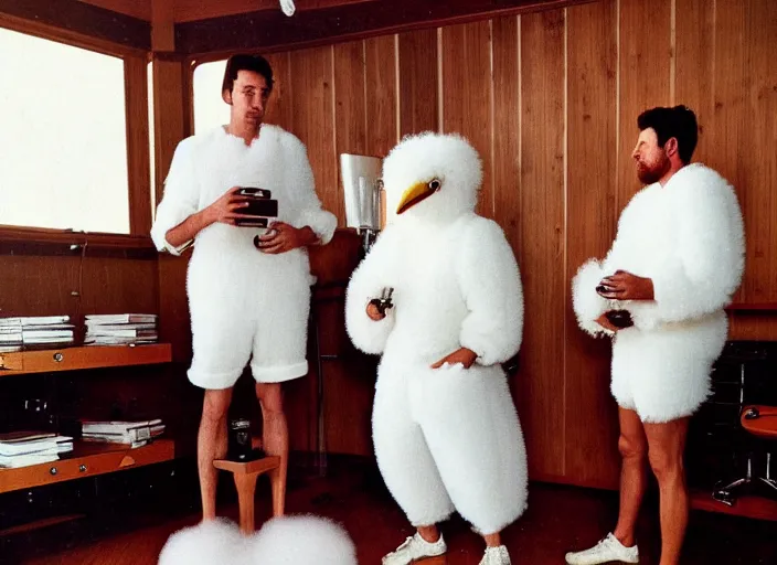 Image similar to realistic photo of a three birdmen wearing white shorts, watching at a levitating fluffy furry cloud, in a living room sci - fi laboratory with many wooden gadgets made of wood interior is made of wood 1 9 9 0, life magazine reportage photo, natural colors