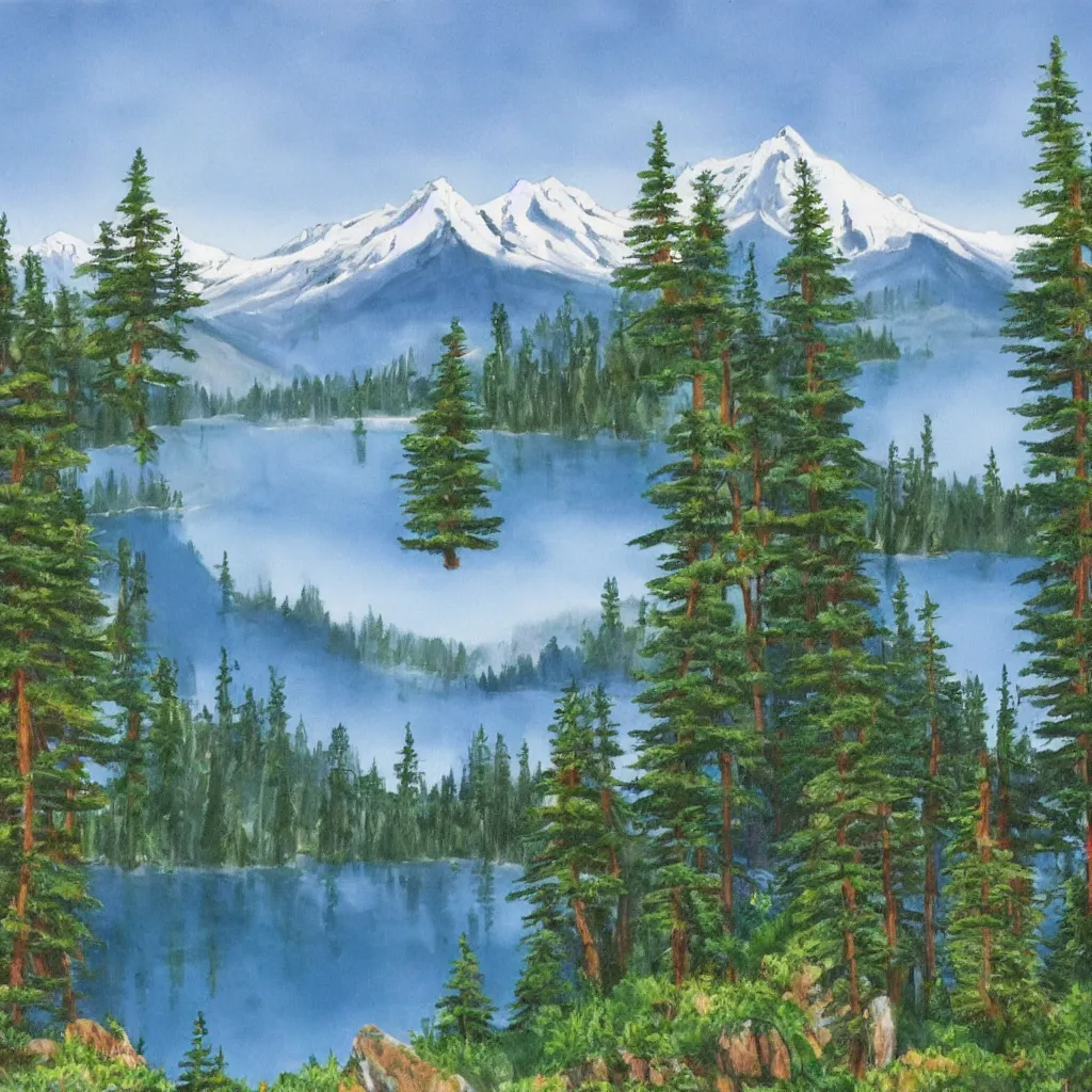 Image similar to a lake surrounded by pine trees with mountains in the background painted by Bob Ross