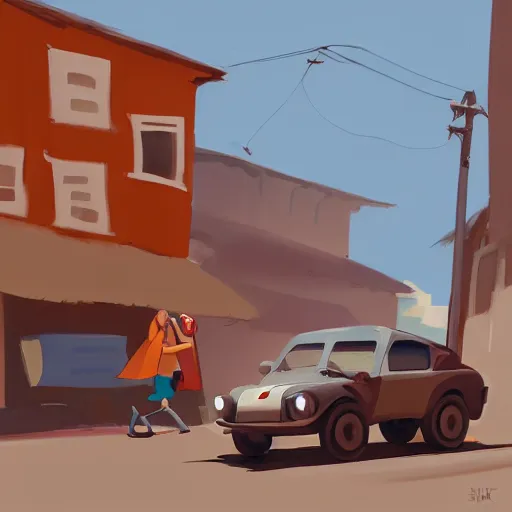 Image similar to goro fujita ilustration off - road car with luggage on a street in a town, painting by goro fujita, sharp focus, highly detailed, artstation