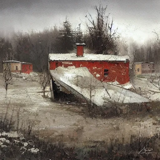 Image similar to painting of a abandoned post soviet town by jakub rozalski