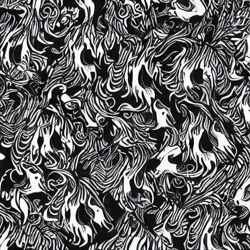 Image similar to a graphical pattern of white wolves into black geese by mc escher, aerial view, scared black geese, angry white wolves, hexagonal pattern, intricate details, screen print, frameless