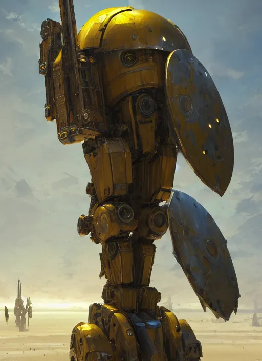 Image similar to human-sized strong intricate yellow pit droid carrying very detailed perfect antique great sword and beautiful large paladin shield, pancake short large head, exposed metal bones, painterly humanoid mecha, slightly far away, by Greg Rutkowski