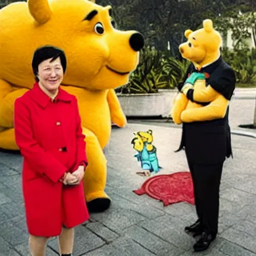 Image similar to polaroid photograph and ccp president xi jing ping pictured with winnie the pooh