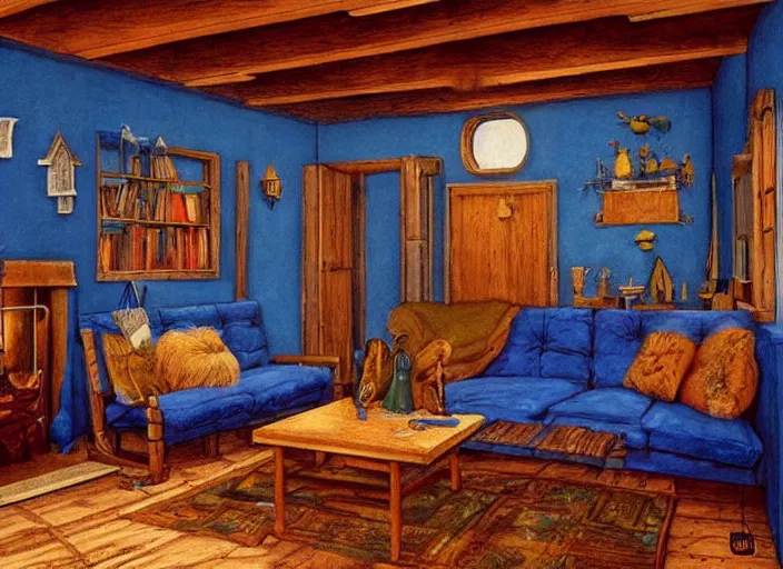 Image similar to the living room of a cozy wooden house with a fireplace, at night, interior design, d & d concept art, d & d wallpaper, warm, walls painted blue, blue walls, digital art. art by james gurney and larry elmore.