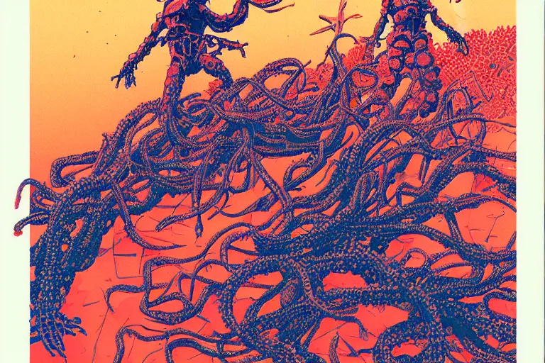 Prompt: risograph grainy drawing vintage sci - fi, satoshi kon color palette, gigantic gundam full - body covered in dead coral reef 1 9 6 0, kodak, with lot tentacles, natural colors, codex seraphinianus painting by moebius and satoshi kon and dirk dzimirsky close - up portrait