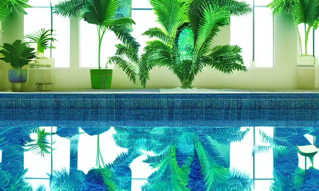 Image similar to 3d render of indoor pool with ferns and palm trees, pool tubes, chromatic abberation, dramatic lighting, depth of field, 80s photo