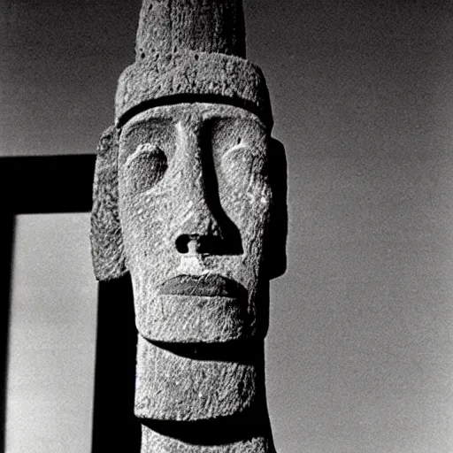 Image similar to easter island moai as the main character in a black and white noir film wearing a fedora standing in the foyer of a 1 9 4 0 s house, intricate, 1 9 4 0 s film noir, robert siodmak, fritz lang, otto preminger, orson welles, billy wilder