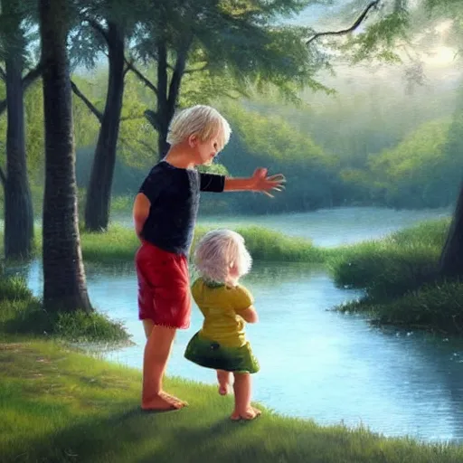 Prompt: a blond white toddler and a black toddler with short curly hair play by a forest and lake, [ oil painting ]!!, trending on cgsociety, 4 k