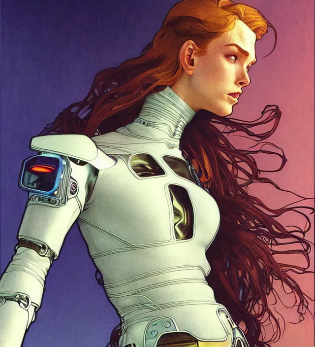 Prompt: realistic detailed portrait of a handsome futuristic woman racing pilot in leather and armor, sleek minimal elegant design by moebius, jodorowsky, alphonse mucha, ayami kojima, amano, greg hildebrandt, and mark brooks, female, hero, sexy masculine, art nouveau, cyberpunk, neo - gothic, gothic, masterpiece artwork, character concept design,