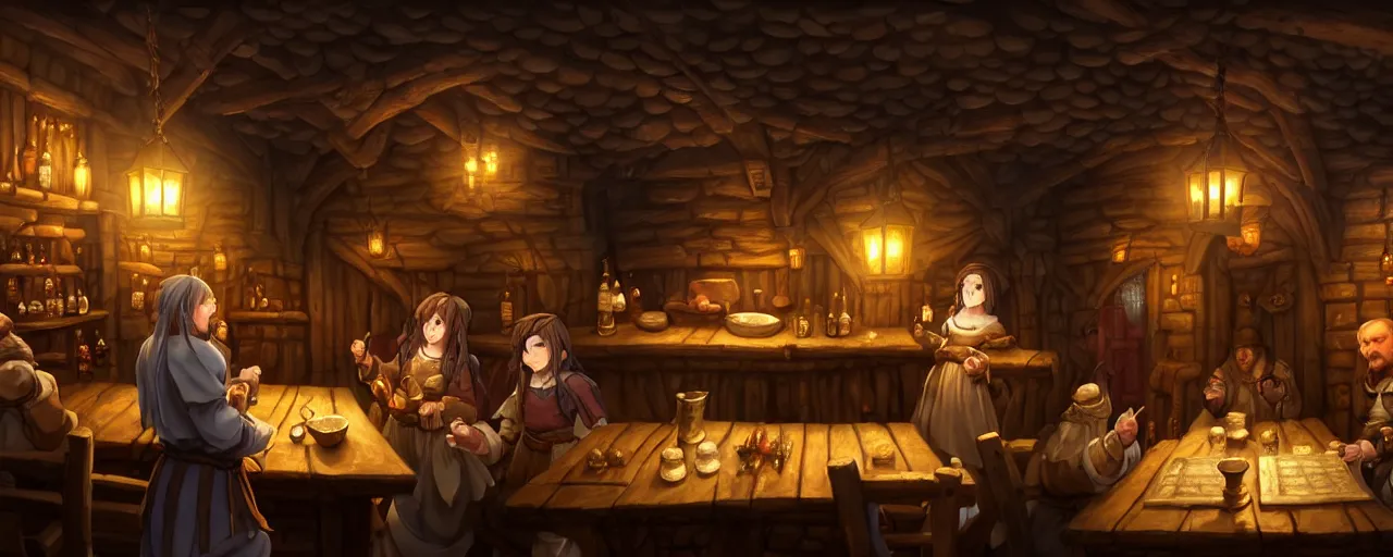 Prompt: A medieval cozy tavern with a bard on a stage on the centre of the frame, screenshot from anime hidden object game, cinematic lighting, epic composition, cartoon, animation, background art, post processing, 8K resolution, elegant, highly detailed, digital painting, artstation, concept art, matte, sharp focus, illustration, art by da Vinci, Artgerm and Greg Rutkowski and Alphonse Mucha, Fire Emblem inspiration, RPG inspiration, JRPG inspiration