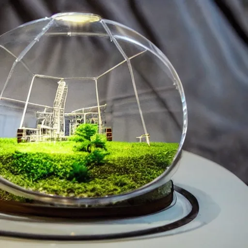 Image similar to a large terrarium with a diorama of a nuclear power industrial site inside on top of a minimalist table, lit from the side