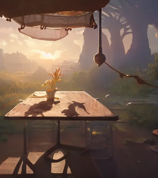 Image similar to highly detailed spilled milk on the table, unreal engine, loish, rhads, makoto shinkai and tom bagshaw, reflective global illumination, god rays, detailed and intricate environment