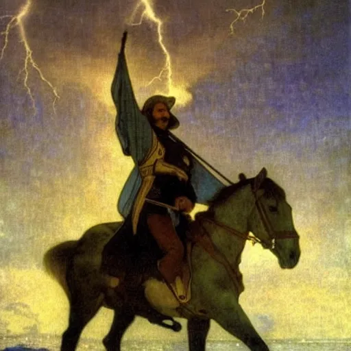 Image similar to Magician riding a horse leaving the castle through the bridge, thunderstorm, beach ocean on the background major arcana sky, by paul delaroche, alphonse mucha and arnold böcklin arnold böcklin hyperrealistic 8k, very detailed