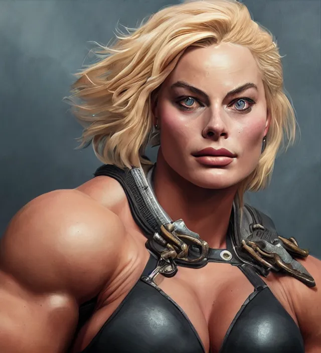 Prompt: detailed portrait of margot robbie as a thick female bodybuilder zarya from overwatch, attractive, beautiful, fantasy, intricate, elegant, highly detailed, digital painting, artstation, concept art, matte, sharp focus, illustration, art by aenaluck, artgerm and roberto ferri and greg rutkowski, epic fantasy, digital painting