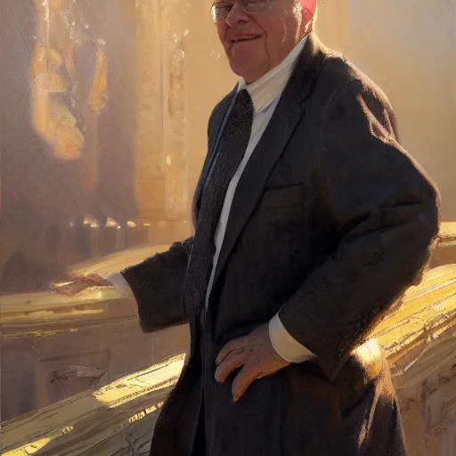 Image similar to detailed realistic cinematic wide shot of beautiful attractive young warren buffet hybrid bear tech man wearing gold suit robe slim face symettrical face clean skin black eyes black robe smooth, sharp focus, ultra realistic, spring light, painting by gaston bussiere, craig mullins, j. c. leyendecker