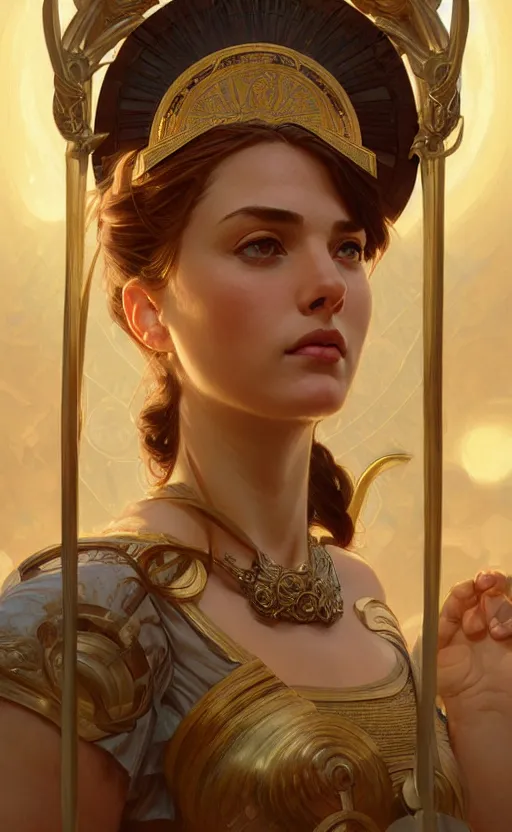 Prompt: portrait of the goddess athena, greek mythology, intricate, headshot, highly detailed, digital painting, artstation, concept art, sharp focus, cinematic lighting, illustration, art by artgerm and greg rutkowski, alphonse mucha, cgsociety