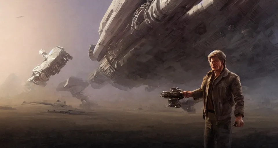 Image similar to a highly detailed epic cinematic concept art CG render digital painting artwork: wide shot of Soviet dieselpunk Han Solo played by Harrison Ford piloting his starship. By Greg Rutkowski, Ilya Kuvshinov, WLOP, Stanley Artgerm Lau, Ruan Jia and Fenghua Zhong, trending on ArtStation, subtle muted cinematic colors, made in Maya, Blender and Photoshop, octane render, excellent composition, cinematic atmosphere, dynamic dramatic cinematic lighting, precise correct anatomy, aesthetic, very inspirational, arthouse