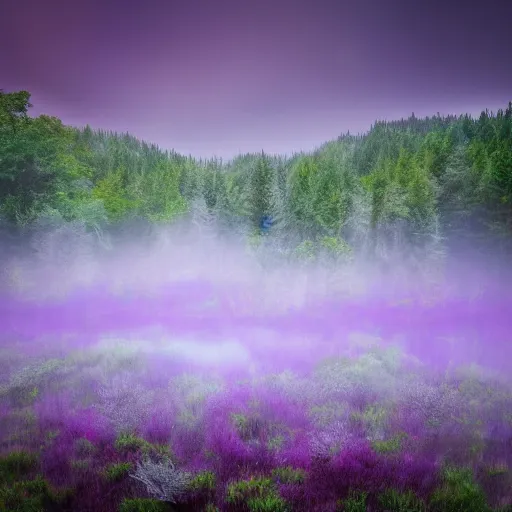 Image similar to ethereal forest with a purple lake