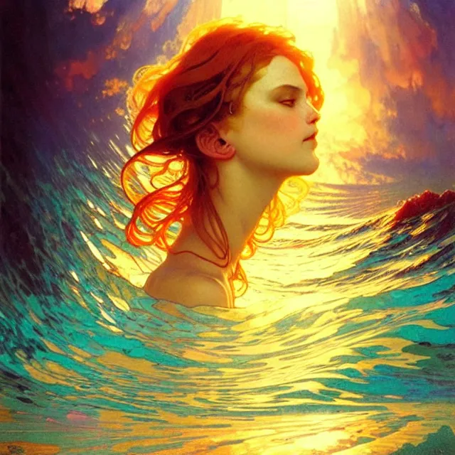 Image similar to backlit ocean waves of glossy kaleidoscopic liquid honey drops flowing like psychedelic translucent amber, lsd waves, lsd ripples, backlit, sunset, refracted lighting, art by collier, albert aublet, krenz cushart, artem demura, alphonse mucha