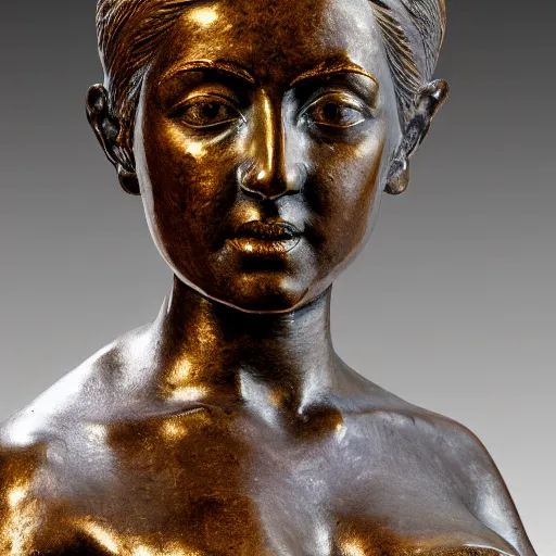 Image similar to detailed photo of an old bronze patina statue of a woman bust, intricate detail, museum lighting