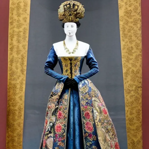 Prompt: An empress bridal ensemble is shown on a mannequin in a museum from a 1900s historical fantasy that combines Russian and Japanese influences.