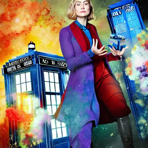 Prompt: rosamund pike as the doctor, dark - hair, wearing a colourful floral pattern suit, in the background is the tardis. bold complementary colours, 2 d matte, graphic novel, art by michael choi and ardian syaf,