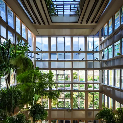 Prompt: The atrium of a contemporary building filled with tropical plants, dramatic light, 4k