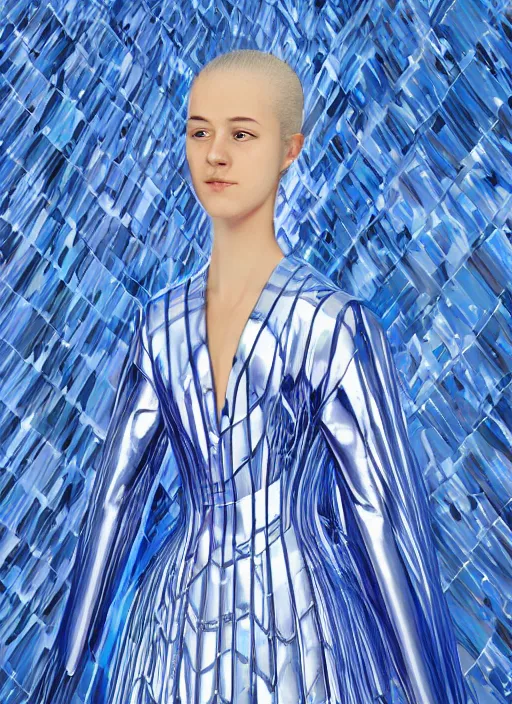 Image similar to a digital portrait of an european girl detailed features wearing a cyber kimono latex suit wedding dress - synthetic materials imac bondi blue 1 9 9 8 by issey miyake by ichiro tanida and mitsuo katsui