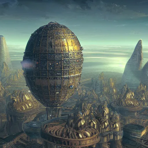 Image similar to enormous flying city in a faberge egg, sky, steampunk, fantasy art, masterpiece, unreal engine, hugh ferriss