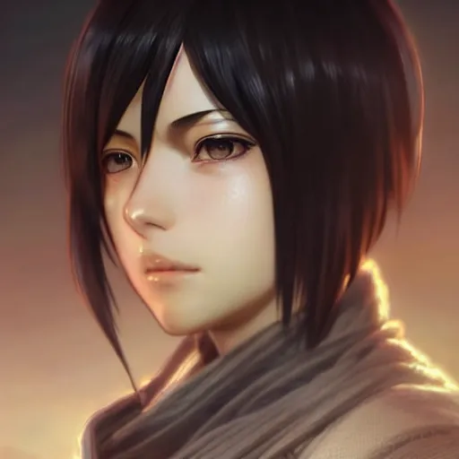 Image similar to mikasa ackerman, bokeh, beautiful face!!!!, 2 7 years old, cg animation, lifelike, animated, realistic, character select portrait, by artgerm, greg rutkowski, alphonse mucha, 3 d