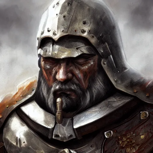 Image similar to historic fantasy, closeup portrait of an old strong man, armor, midday, city market, depth, digital art, trending on artstation