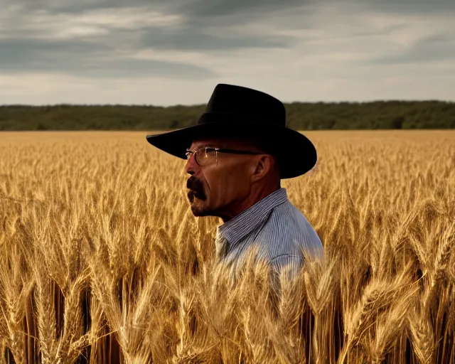 Image similar to extreme long shot of walter white wearing a black hat facing gustavo fring from a distance in a wheat field, insanely detailed, low angle, side view, perfect angle, 8 5 mm photograph, 8 k resolution, wide shot, sharp lens, cinematic