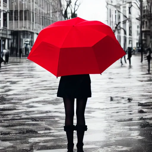Prompt: woman with red coat and cyan umbrella