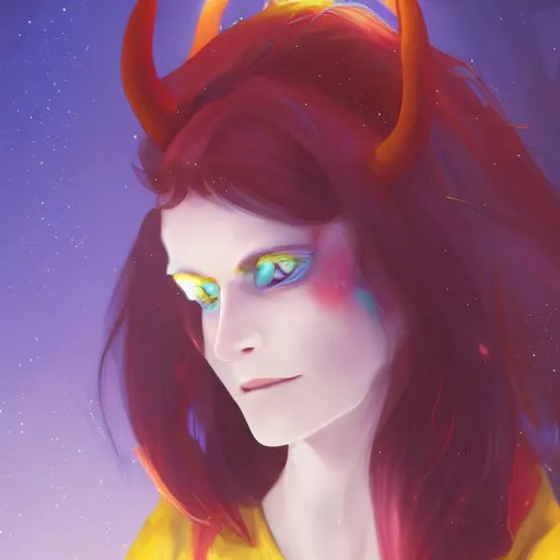 Image similar to a pale redheaded demoness with yellow eyes and horns wearing a jacket, dark spot around eye, highly detailed, galaxy background, digital painting, artstation, matte, by makoto shinkai, animation style