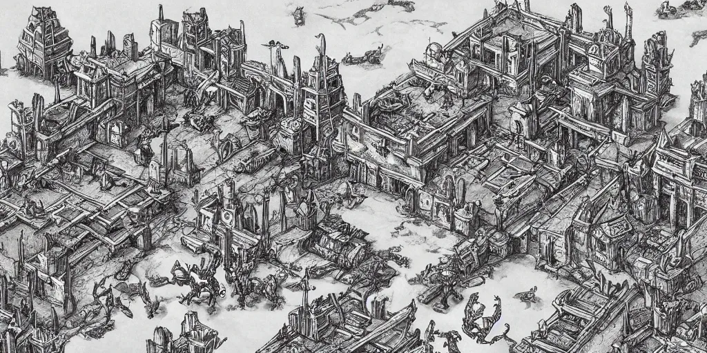 Prompt: anthromorphic humanoid ants building a city. epic game landscape shot. Beautifully detailed pen and ink drawing on parchment, D&D art by Michelangelo