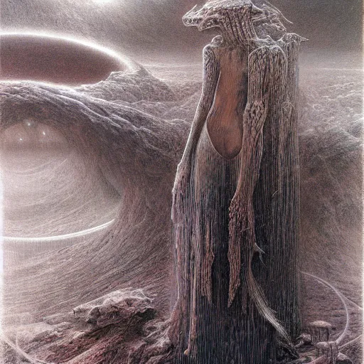 Image similar to lost on a gigeresque planet by jean delville by luis royo and wayne barlowe, beksinski