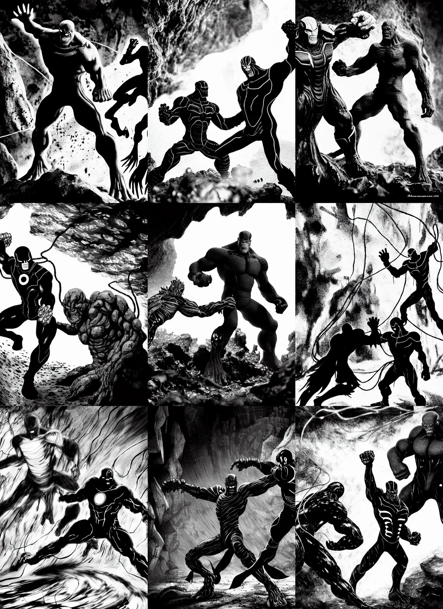 Image similar to black and white thanos fight with the thanos in a cave, by tsutomu nihei, black and white, old cave with slime and wires blur background, cinematic, perspective, realistic