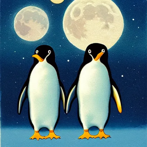 Prompt: Two penguins look at another penguin, moon, grassland, starry sky, sea ,artwork by Quint Buchholz .